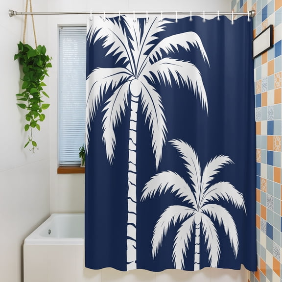Shower Curtain, Tropical Coconut Tree Waterproof Polyester Fabric Bath Curtain with Hooks for Bathroom Bathtub Stalls, Deep Navy Background 72x72IN