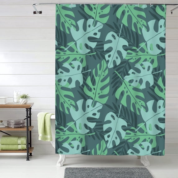 Shower Curtain, Tropical Green Leaf Waterproof Fabric Plastic Shower Curtain, Drying Fast Bathroom Curtain with 9 Buttonholes, Ruffle Shower Curtain 60x72in