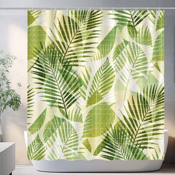 Shower Curtain Tropical Green Leaves Waterproof Polyester Bathroom Curtain with Hooks, Botanical Farmhouse Bath Decor 72"x72"