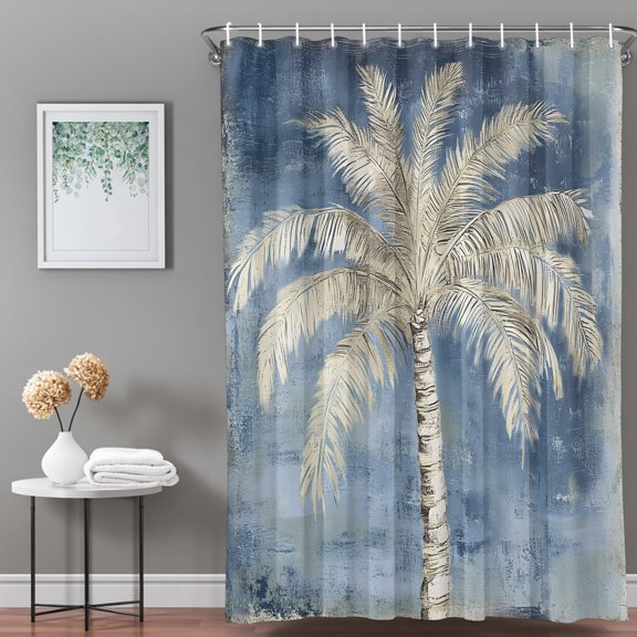 Shower Curtain,Tropical Large Palm Tree Waterproof Shower Curtain Set with Hooks for Bathroom Showers,Stalls and Bathtubs,36x72in,Retro Blue Background