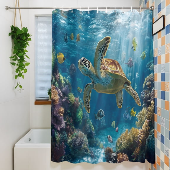 Shower Curtain, Tropical Ocean Turtle Coral Waterproof Polyester Fabric Bath Curtain with Hooks for Bathroom Bathtub Stalls, Underwater Marine Creature 36x72IN