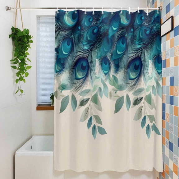 Shower Curtain, Tropical Peacock Feathers Waterproof Polyester Fabric Bath Curtain with Hooks for Bathroom Bathtub Stalls, Classic Gradient Teal Pattern 72x84IN