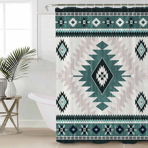 Shower Curtain, Turquoise Aztec Bohemian Geometric Waterproof Shower Curtain Set with Hooks for Bathroom Showers,Stalls and Bathtubs,60x72In Vintage Ethnic Tribal