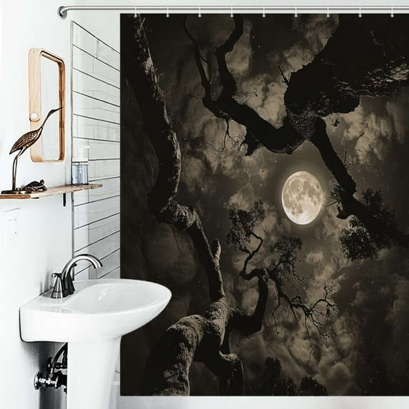 Shower Curtain Twisted Tree And Surreal Moon Bath Curtain Polyester Fabric Bathroom Ration With Hooks