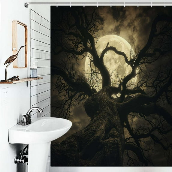 Shower Curtain Twisted Tree And Surreal Moon Bath Curtain Polyester Fabric Bathroom Ration With Hooks