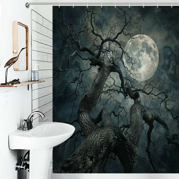 Shower Curtain Twisted Tree And Surreal Moon Polyester Waterproof Home Ration Curtain With Hook