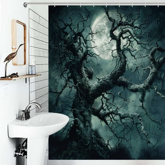 Shower Curtain Twisted Tree And Surreal Moon Polyester Waterproof Home Ration Curtain With Hook