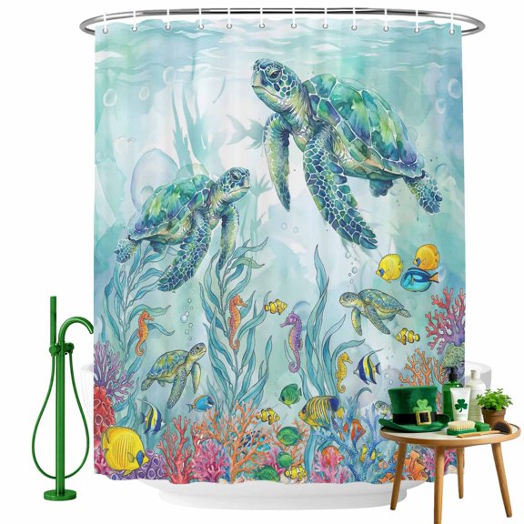 Shower Curtain, Undersea World Ocean Turtle Coral Waterproof Shower Curtain Set with Hooks for Bathroom Showers,Stalls and Bathtubs,36x72In Marine Life Seaweed Fish
