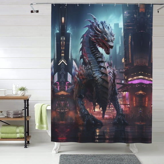 Shower Curtain, Urban Mechanical Dragon Waterproof Fabric Plastic Shower Curtain, Drying Fast Bathroom Curtain with 9 Buttonholes, Ruffle Shower Curtain 60x72in