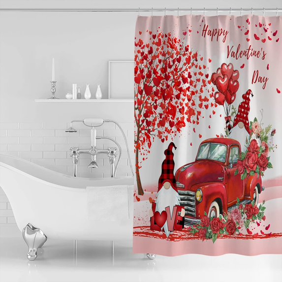 Shower Curtain Valentine''s Day Love Heart Tree Red Truck and Gnome Pink Polyester Fabric Shower Curtain with Hooks,Waterpoof Shower Curtains for Bathroom Showers and Bathtubs 72x84in