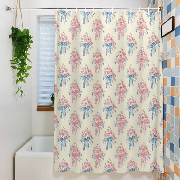 Shower Curtain, Valentine's Day Pink Rose Bouquet Waterproof Polyester Fabric Bath Curtain with Hooks for Bathroom Bathtub Stalls, Romance Floral Seamless 36x72IN