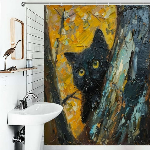Shower Curtain Van Gogh Style Cat In The Tree Bath Curtain Polyester Fabric Bathroom Ration With Hooks