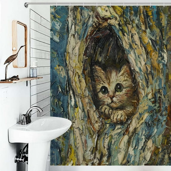 Shower Curtain Van Gogh Style Cat In The Tree Polyester Waterproof Home Ration Curtain With Hook