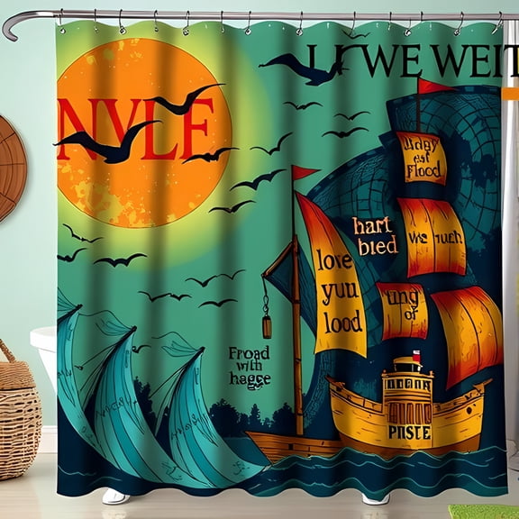 Shower Curtain - Vibrant Orange Moon Colorful Sailing Ships Turbulent Waters & Fantasy Map Design