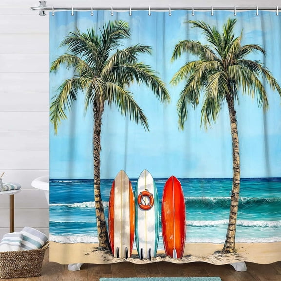 Shower Curtain Vibrant Surfboard Rendered Beach Scene Hawaiian Seascape, Palm Trees Surfboard on The Sand Summer Exotic Seaside Vista, Tropical Coastal Bathroom with Hooks-72"W x 96"L (Pack of 1)