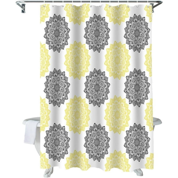 Shower Curtain Vintage Mandala Dahlia Shower Curtains for Bathroom Decor Black Yellow Flowers Floral Shower Curtain Sets with Hooks Waterproof Fabric Bath Curtain Extra Long 72" X 84"
