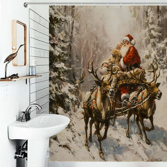 Shower Curtain Vintage Santa With Reindeer Bath Curtain Polyester Fabric Bathroom Ration With Hooks