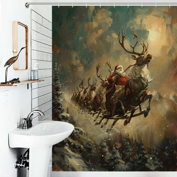 Shower Curtain Vintage Santa With Reindeer Bathroom Waterproof Polyester Home Ration Curtain With Hook