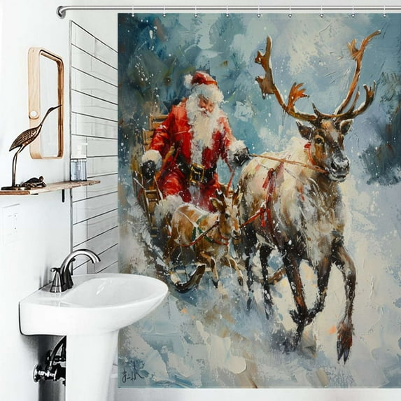 Shower Curtain Vintage Santa With Reindeer Polyester Waterproof Home Ration Curtain With Hook