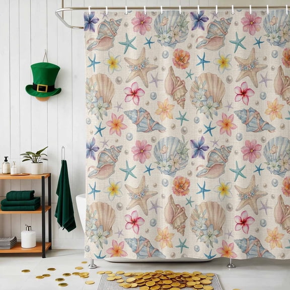 Shower Curtain, Vintage Sea Stars Pearls Shells Flowers Waterproof Shower Curtain Set with Hooks for Bathroom Showers,Stalls and Bathtubs,72x72In Summer Plant