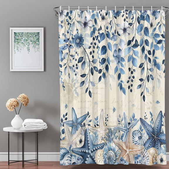 Shower Curtain,Vintage Shells Sea Stars Waterproof Shower Curtain Set with Hooks for Bathroom Showers,Stalls and Bathtubs,36x72in,Eucalyptus Leaves on Letter