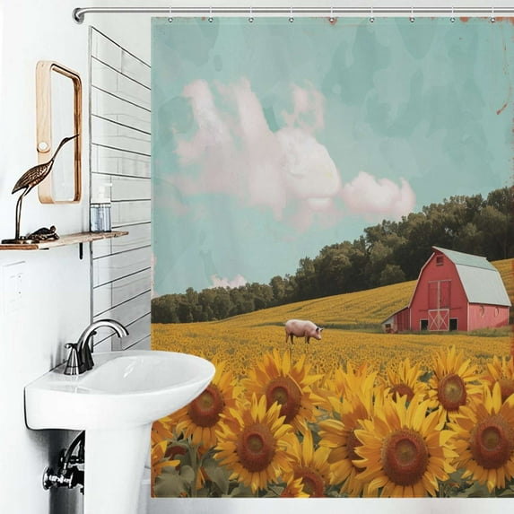 Shower Curtain Vivid Country Scene With Farm Animals Polyester Waterproof Home Ration Curtain With Hook