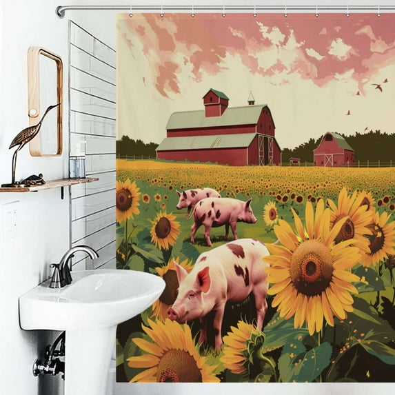 Shower Curtain Vivid Country Scene With Farm Animals Polyester Waterproof Home Ration Curtain With Hook