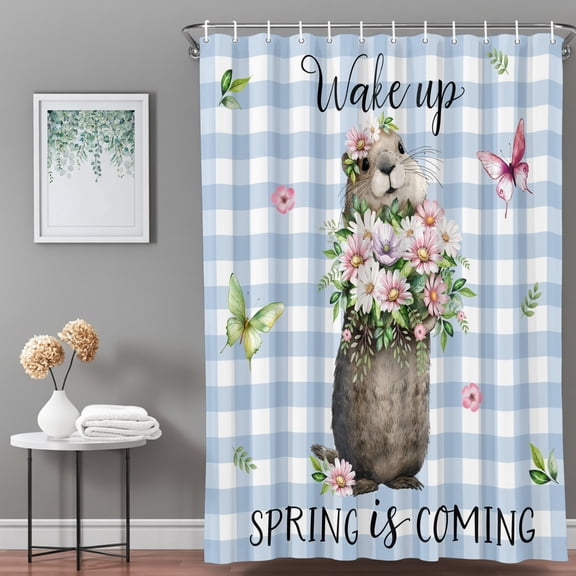 Shower Curtain,Wake up Spring Is Coming Waterproof Shower Curtain Set with Hooks for Bathroom Showers,Stalls and Bathtubs,36x72in,Country Groundhog Flowers