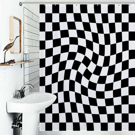 Shower Curtain Warped Checkerboard Bathroom Waterproof Polyester Home Ration Curtain With Hook