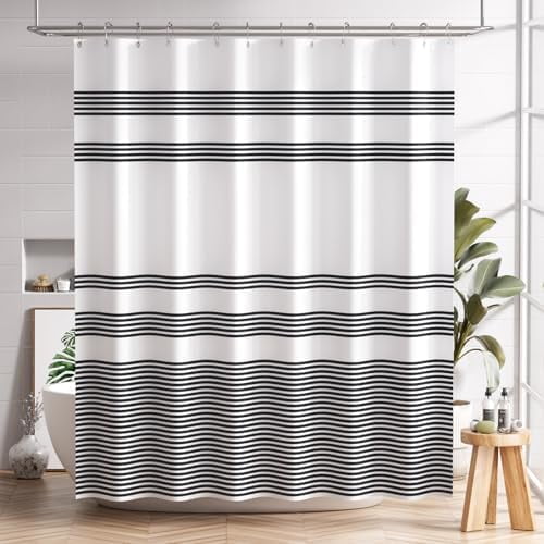 Shower Curtain, Washable Cloth Black Shower Curtain Sets with 12 Shower Curtain Hooks, Fabric Rustic Black and White Striped Curtain, Farmhouse Bathroom Curtains, 72x72 Inches