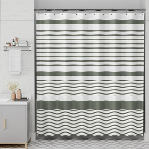 Shower Curtain, Washable Cloth Grey-Green Shower Curtain with 12 Shower Curtain Hooks, Fabric Rustic Wide Grey Striped Shower Curtain Sets, Farmhouse Bathroom Shower Curtain, 72x72 Inches