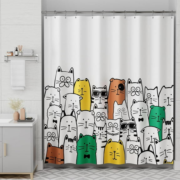 Shower Curtain, Washable Cute Kitty Carnival Cloth Shower Curtain Set with 12 Metal Hooks, Kawaii Waterproof Fabric Black and White Shower Curtain for Kids'' Bathroom, 72x72 Inches