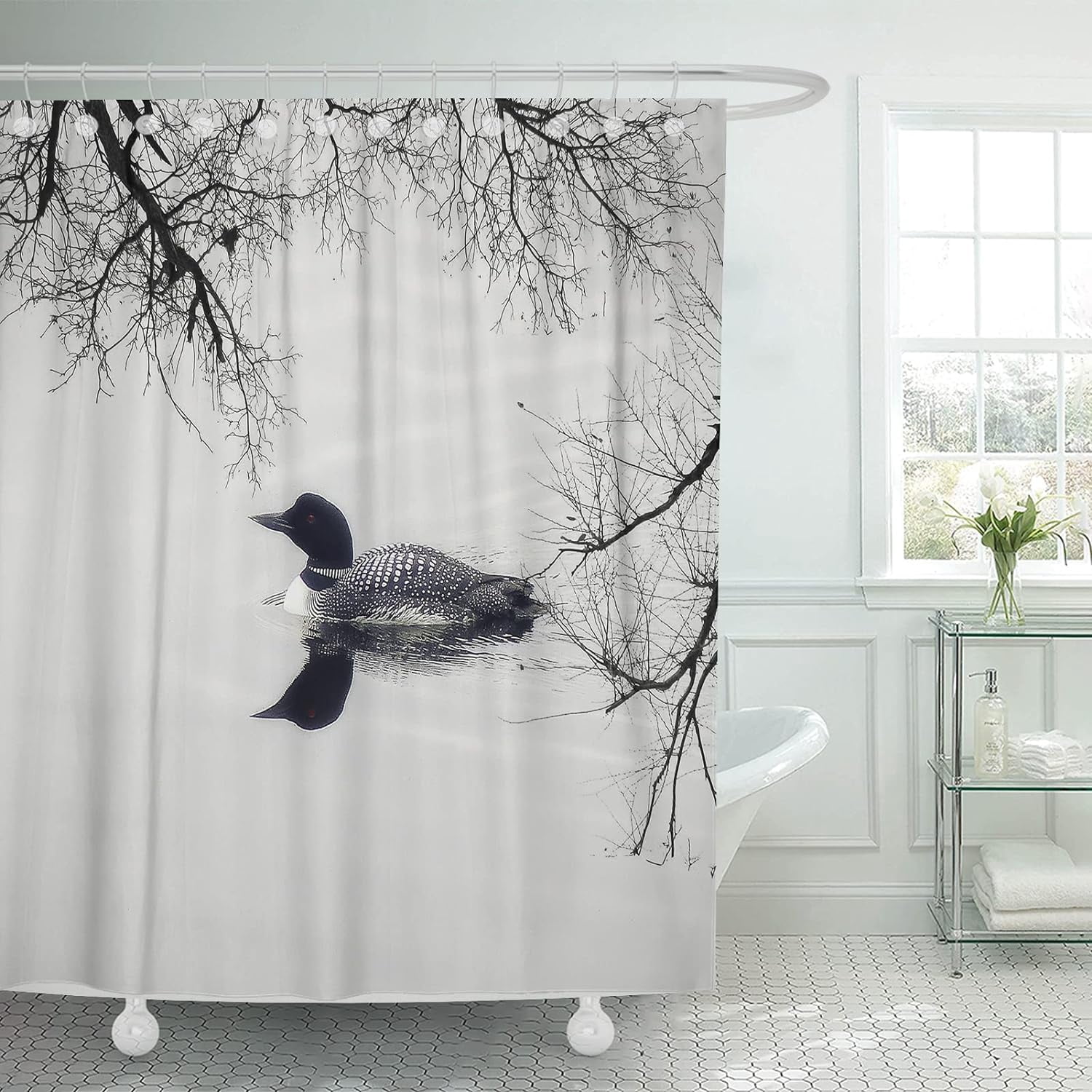 Shower Curtain Water Black and White Loon Lake Cottage Bird 72"x72" Home Decor Waterproof Bath Bathroom Curtain Set with Hooks
