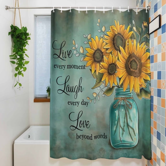 Shower Curtain, Watercolor Blossom Sunflower Bottle Waterproof Polyester Fabric Bath Curtain with Hooks for Bathroom Bathtub Stalls, Encouraging Quote on Retro 36x72IN