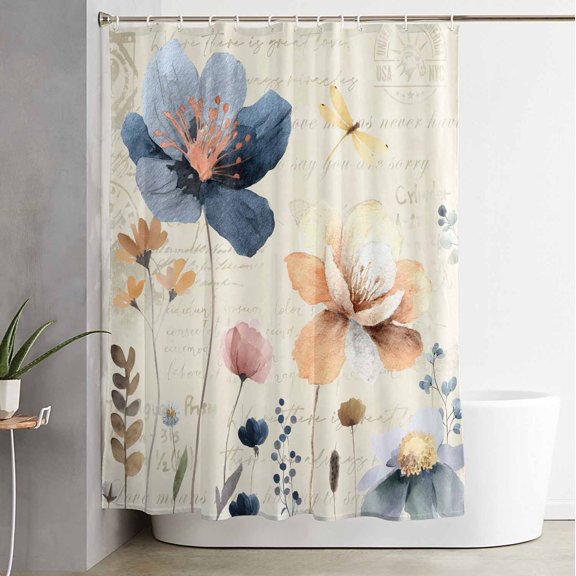 Shower Curtain, Watercolor Blue Floral Dragonfly on Retro Waterproof Shower Curtain Set with Hooks for Bathroom Showers,Stalls and Bathtubs,60x72In Farm Wildflowers
