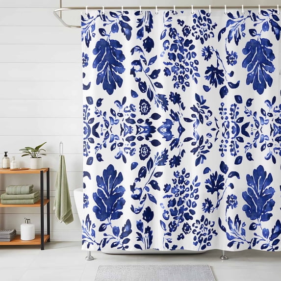 Shower Curtain Watercolor Blue Flower Pattern Shower Curtains for Bathroom Decor, Waterproof Polyester Shower Curtain Set with Hooks, Standard Size 72" x 72" Retro Style