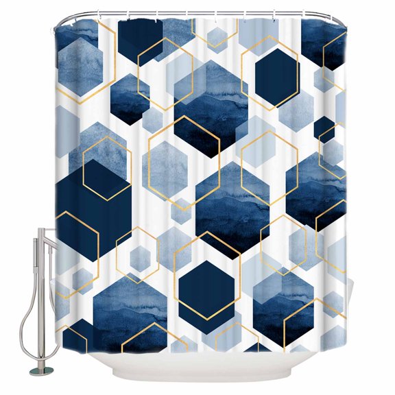Shower Curtain, Watercolor Blue Hexagon Waterproof Shower Curtain Set with Hooks for Bathroom Showers,Stalls and Bathtubs,72x72In Abstract Geometric Art