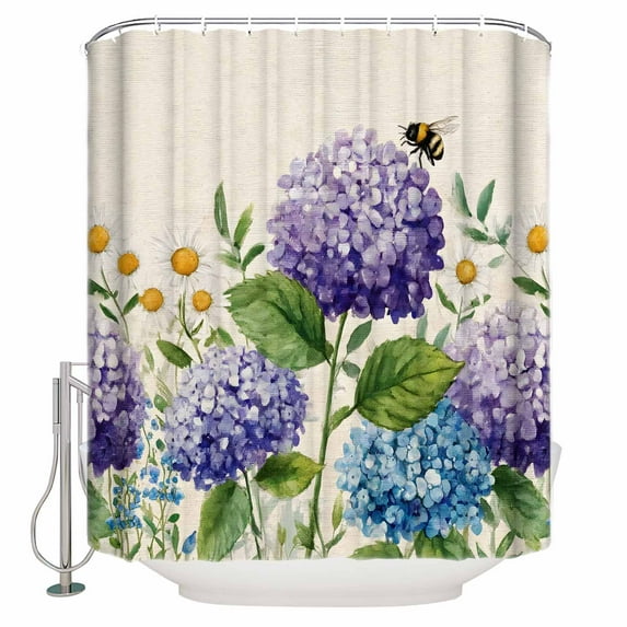 Shower Curtain, Watercolor Blue Purple Flowers Waterproof Shower Curtain Set with Hooks for Bathroom Showers,Stalls and Bathtubs,72x72In Bee on Linen