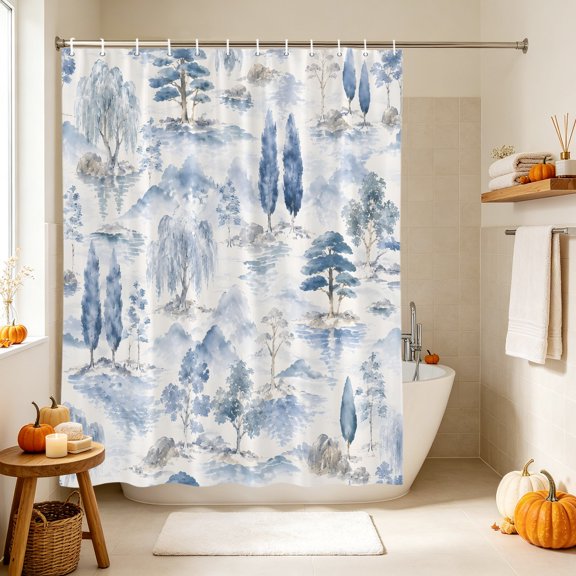 Shower Curtain,Watercolor Chinoiserie Landscape Waterproof Shower Curtain Set with Hooks for Bathroom Showers,Stalls and Bathtubs,36x72in,Blue Willow Mountain Forest