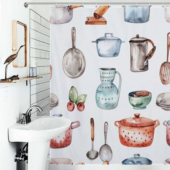 Shower Curtain Watercolor Cooking Utensils Bath Curtain Polyester Fabric Bathroom Ration With Hooks