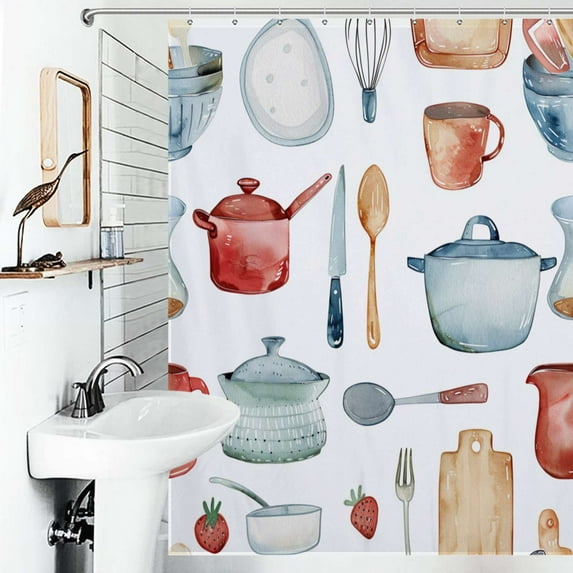 Shower Curtain Watercolor Cooking Utensils Bath Curtain Polyester Fabric Bathroom Ration With Hooks