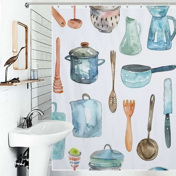 Shower Curtain Watercolor Cooking Utensils Polyester Waterproof Home Ration Curtain With Hook