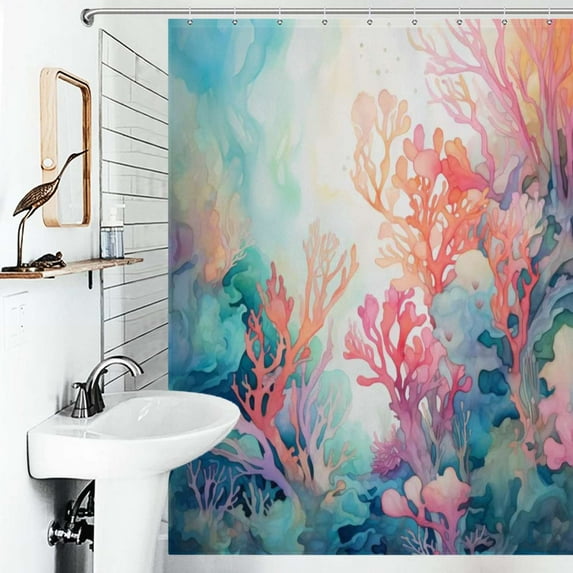 Shower Curtain Watercolor Coral Reef Polyester Waterproof Home Ration Curtain With Hook