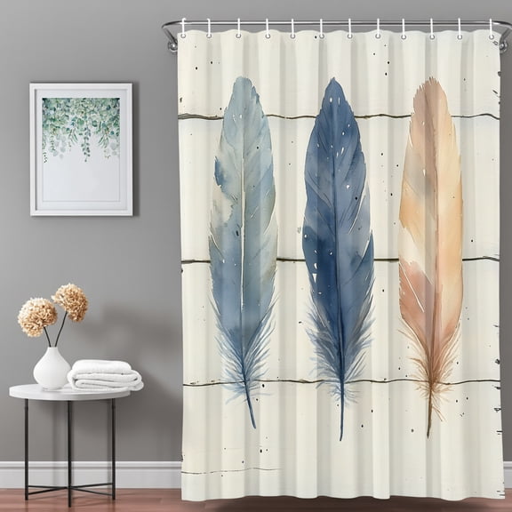 Shower Curtain,Watercolor Feather Farm Wood Grain Waterproof Shower Curtain Set with Hooks for Bathroom Showers,Stalls and Bathtubs,36x72in,Rustic Beige Wooden Plank