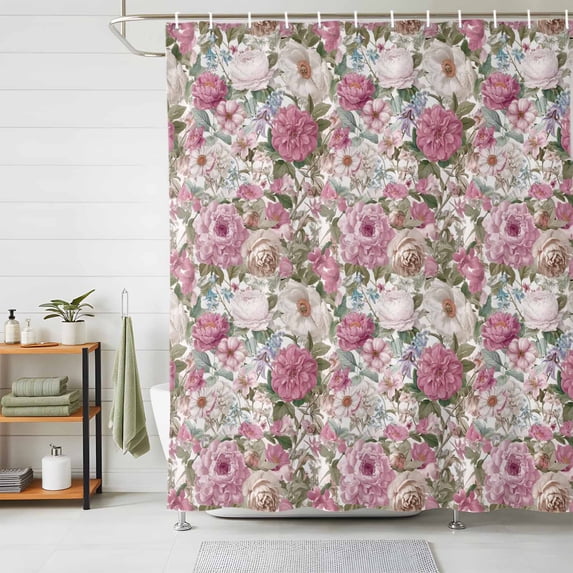 Shower Curtain Watercolor Floral Green Leaf Shower Curtains for Bathroom Decor, Waterproof Polyester Shower Curtain Set with Hooks, Small Stall Size 36" x 72" Pink Peony