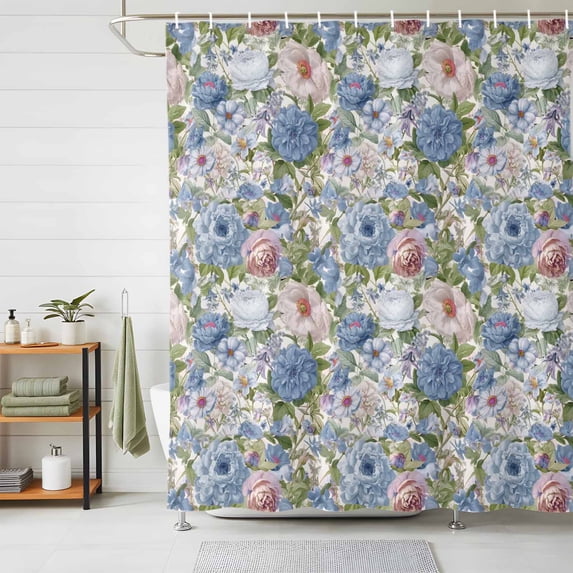 Shower Curtain Watercolor Floral Green Leaf Shower Curtains for Bathroom Decor, Waterproof Polyester Shower Curtain Set with Hooks, Standard Size 72" x 72" Blue Peony