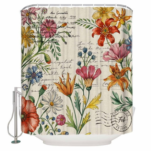Shower Curtain, Watercolor Flower Leaves on Vintage Letter Waterproof Shower Curtain Set with Hooks for Bathroom Showers,Stalls and Bathtubs,36x72In Summer Floral