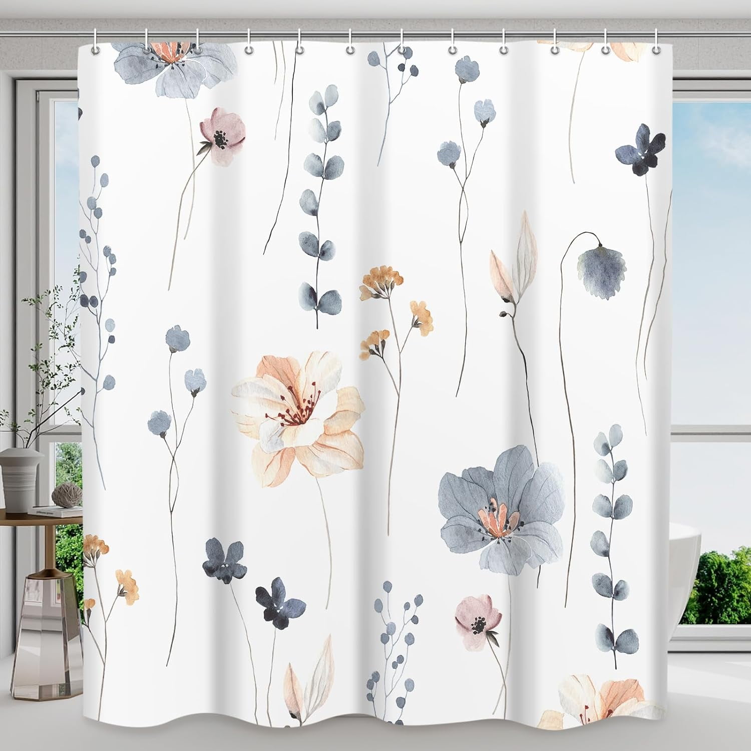 Shower Curtain Watercolor Flower Shower Curtain Sets - Spring Blue Beige Floral plant Shower Curtains for Bathroom Washable，Fabric Modern Polyester with Hooks，72 x 72