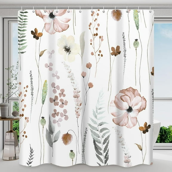 Shower Curtain Watercolor Flower Shower Curtain Sets - Spring Blush Floral Shower Curtains for Bathroom Washable，Minimalist Modern Fabric Cloth with Hooks Washable，72 x 72