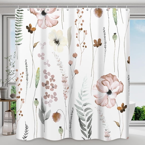 Shower Curtain Watercolor Flower Shower Curtain Sets - Spring Blush Floral Shower Curtains for Bathroom Washable,Minimalist Modern Fabric Cloth with Hooks Washable,72 x 72